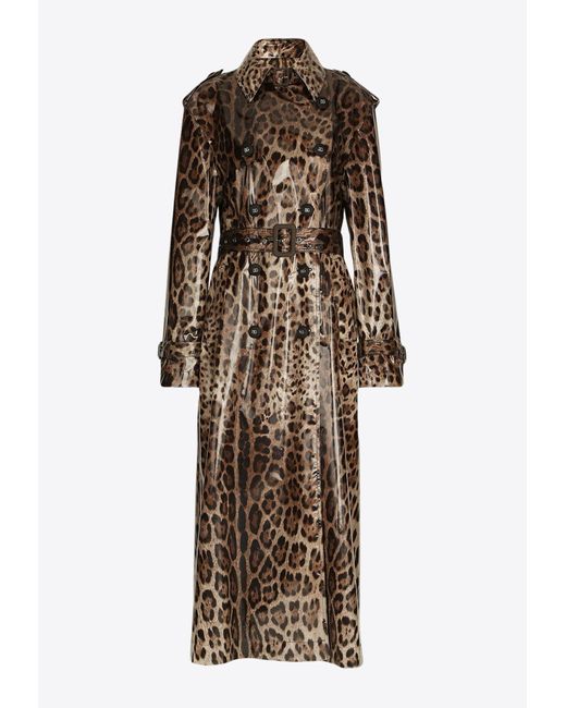 Dolce & Gabbana Brown Leopard-Print Coated Sateen Trench Coat