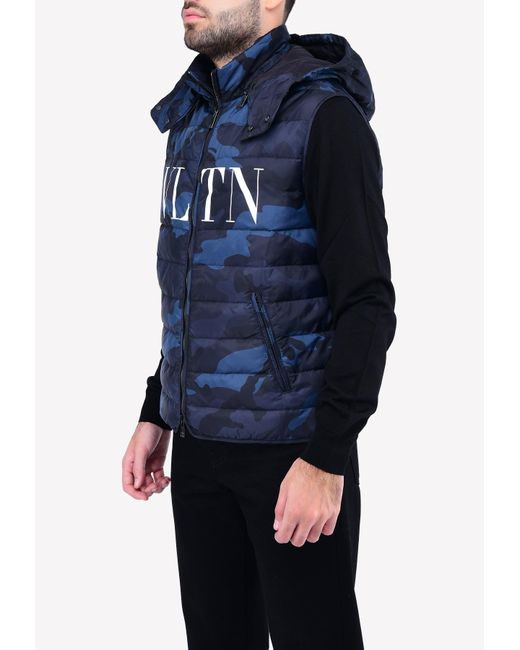 Valentino Blue Camouflage Vltn Print Gilet With Removable Hood- delivery In 3-4 Weeks for men