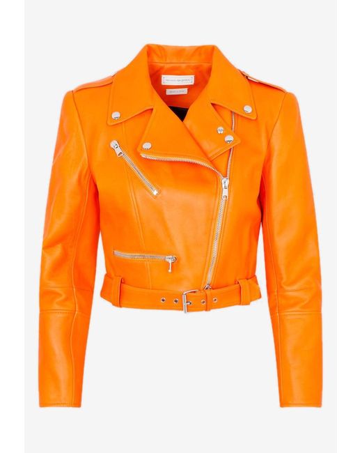 Alexander McQueen Orange Cropped Leather Biker Jacket