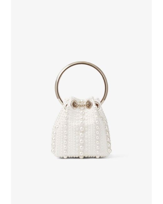 Jimmy Choo White Bon Bon Pearl-Embellished Top Handle Bag