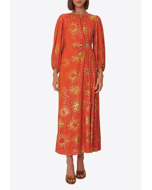 Farm Rio Orange Sunny Mood Sequined Midi Dress With Cut-Out Detail