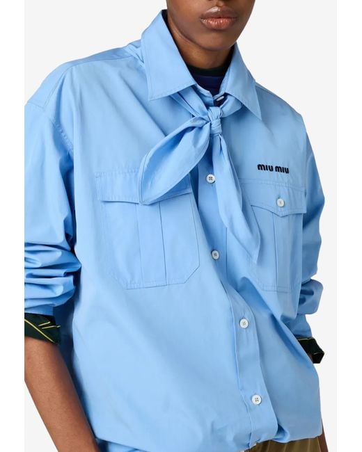 Miu Miu Natural Long-Sleeved Poplin Shirt With Scouts Scarf