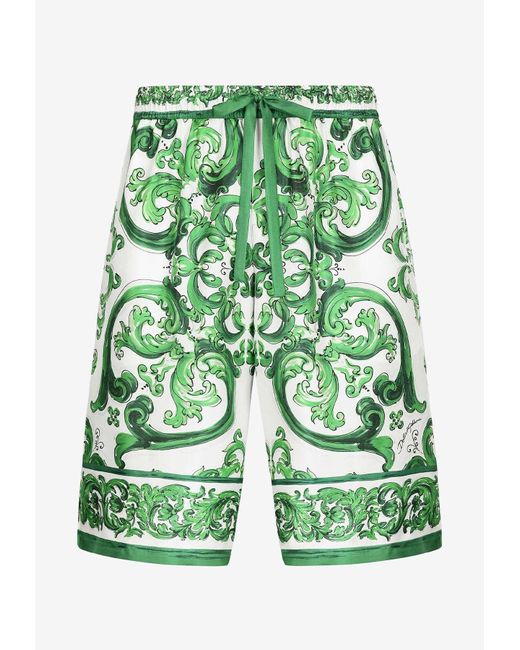Dolce & Gabbana Green Majolica Print Silk Shorts for men