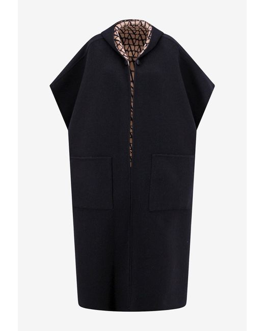 Valentino Black Toile Iconographe Reversible Wool Cape Coat With Hood