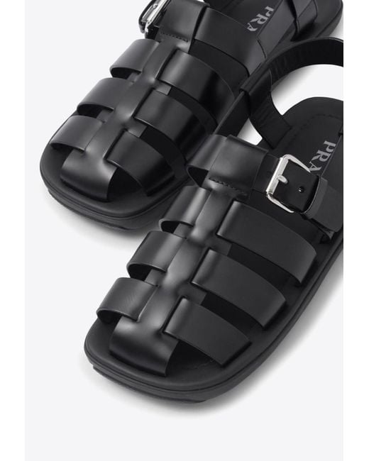 Prada Black Interwoven Straps Leather Sandals for men