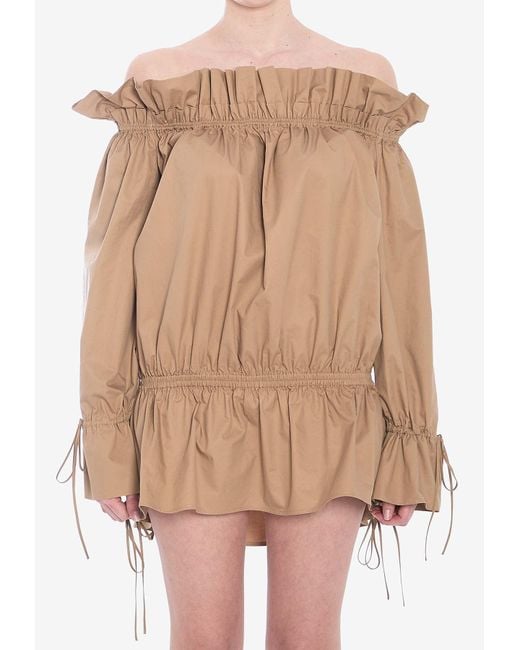 Saint Laurent Natural Off-Shoulder Ruched Mini Dress