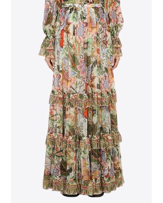 Etro Multicolor Floral Print Tiered Maxi Skirt