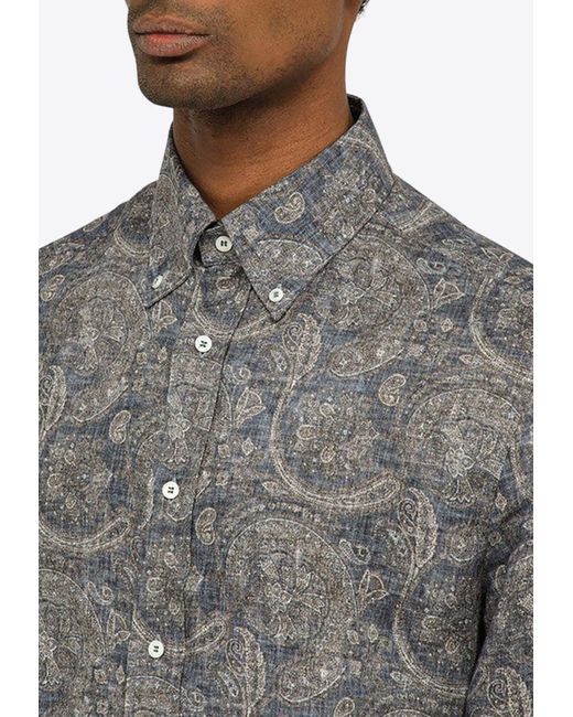 Brunello Cucinelli Gray Paisley Print Long-Sleeved Shirt for men