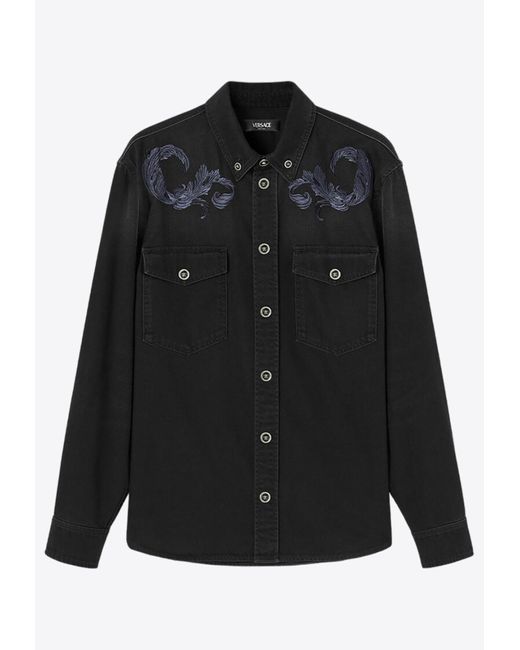 Versace Black Barocco Embroidered Denim Overshirt for men