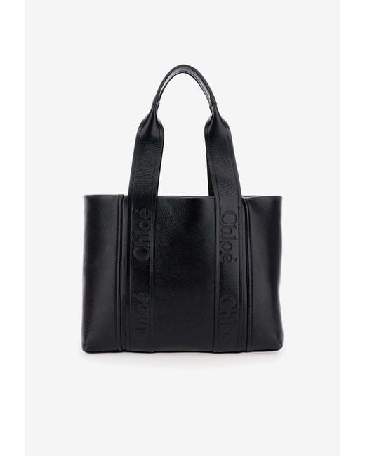 Woody Tote Sac Chloe Chloé Medium Woody Leather Tote Bag In Black Lyst - Main Image