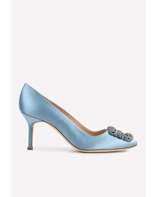 Manolo Blahnik Hangisi 70 Satin Pumps With Fmc Crystal Buckle in Blue ...