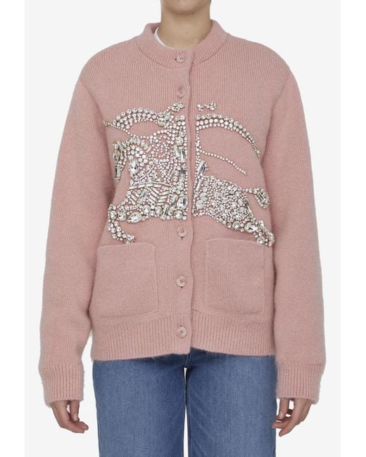 Burberry Pink Crystal Ekd Padded Wool Blend Cardigan