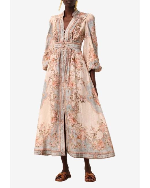 zimmermann august printed linen midi dress Zimmermann + Net Sustain August Floral-print Linen Midi Dress in Natural
