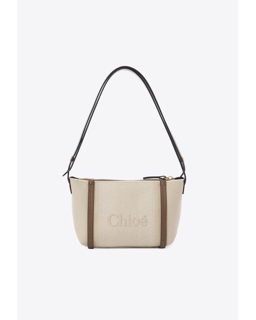 Chloé White Logo Embroidered Canvas Shoulder Bag