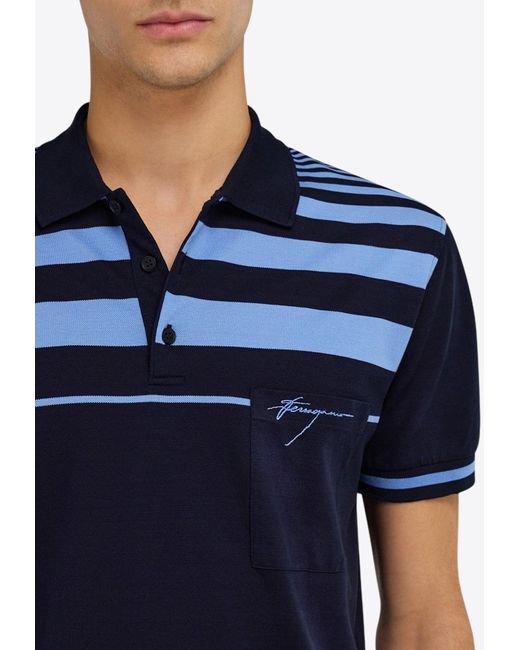 Ferragamo Blue Striped Logo Polo T-Shirt for men