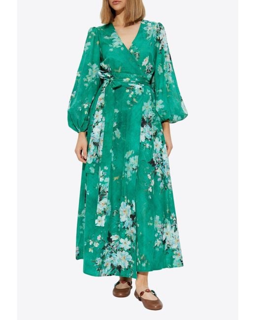 Zimmermann Green Everley Long-Sleeved Wrap Midi Dress