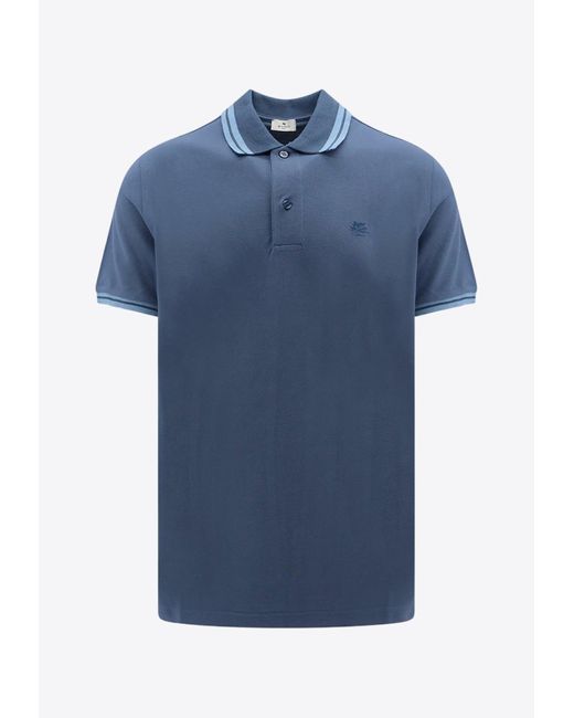 Etro Blue Logo Embroidered Polo T-Shirt for men