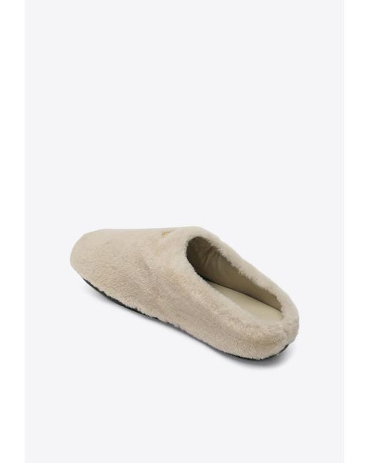Prada White Triangle Logo Shearling Flat Mules