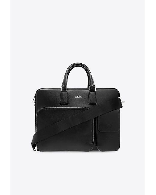 Versace Black Calf Leather Cargo Briefcase for men