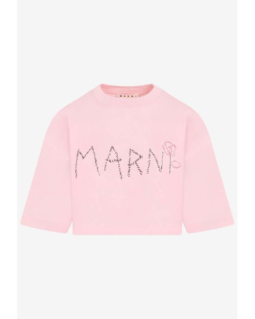 Marni Pink Logo-Embroidered Cropped T-Shirt