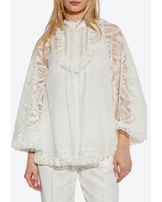 Zimmermann Gray Lace Yoke Long-Sleeved Blouse