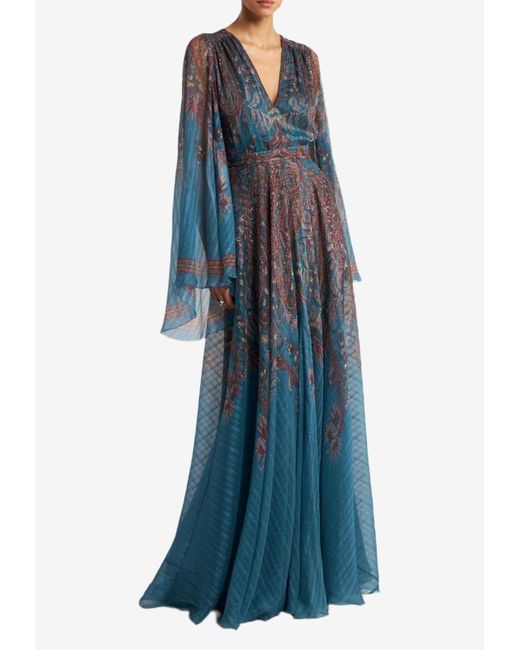 Etro Blue Floral Paisley Maxi Silk Dress