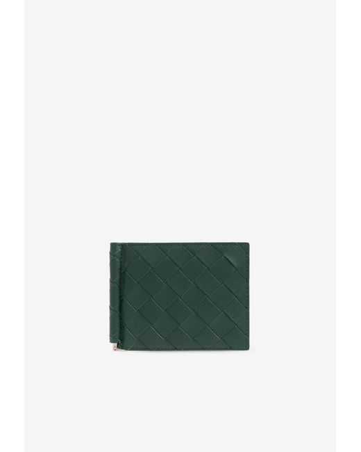Bottega Veneta Green Intrecciato Leather Bi-Fold Wallet With Money Clip for men