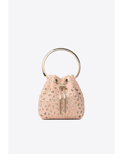 Jimmy Choo White Micro Bon Bon Crystal Suede Bucket Bag