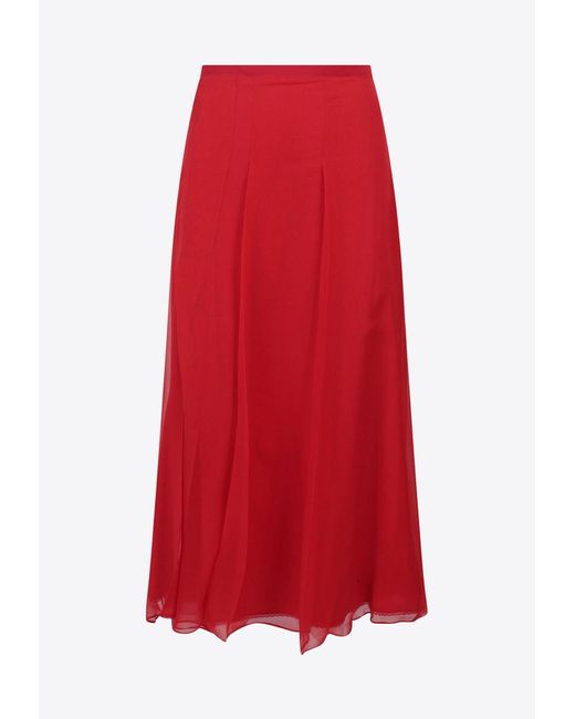 Gucci Red Silk Pleated Midi Skirt