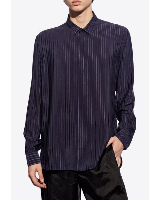 Saint Laurent Blue Semi-Sheer Striped Silk Shirt for men