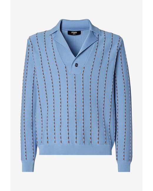 Fendi Blue Ribbed V-Neck Sweater for men