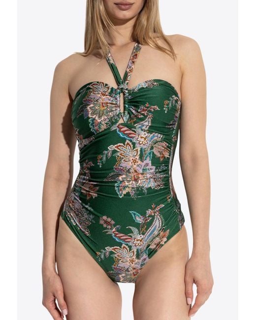 Zimmermann Green Rhiannon Wide Link Floral One-Piece Swimsuit