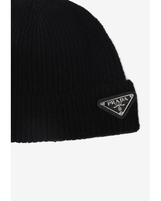Prada Black Triangle Logo Cashmere Beanie for men