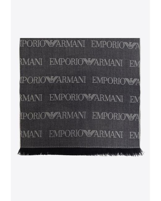 Emporio Armani Gray Logo Embroidered Fringed Scarf for men