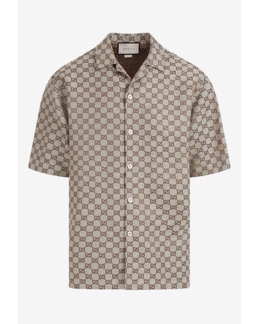 Gucci Short-sleeved Logo Monogram Shirt In Linen Blend in Gray for Men |  Lyst
