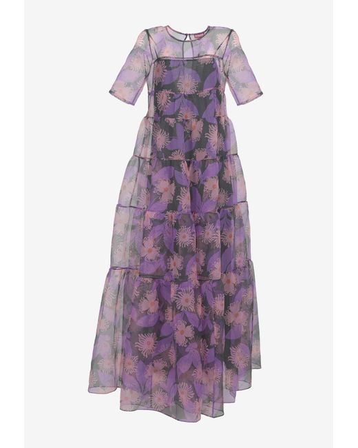 Staud Purple Hyacinth Floral Sheer Organza Maxi Dress