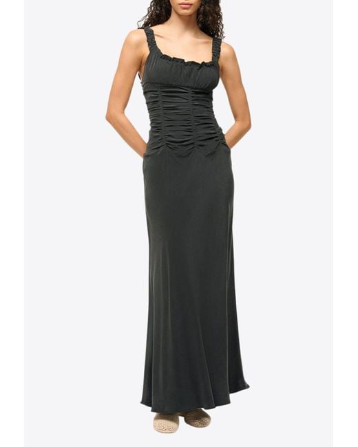Staud Black Nic Ruched Sleeveless Silk Maxi Dress