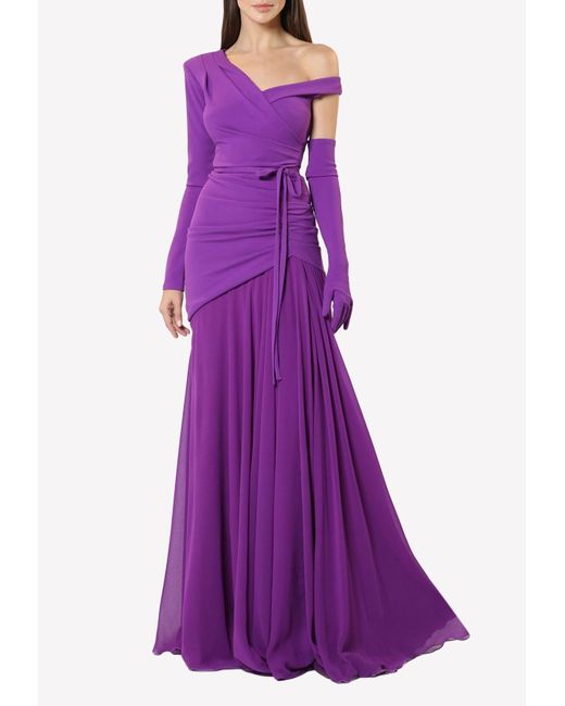 ZEENA ZAKI Purple One-shoulder Crepe Chiffon Gown