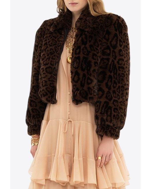 Chloé Brown Leopard Print Faux Fur Cropped Jacket