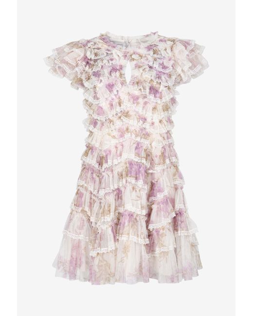 Needle & Thread Pink Wisteria Floral Lace Ruffled Mini Dress