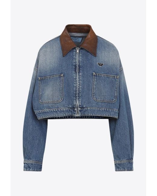 Prada Blue Triangle-Logo Cropped Denim Jacket