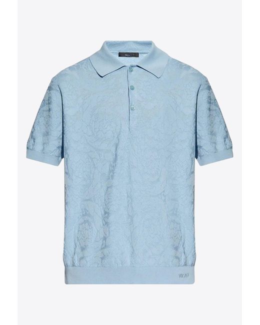 Versace Blue Barocco Knit Polo T-Shirt for men
