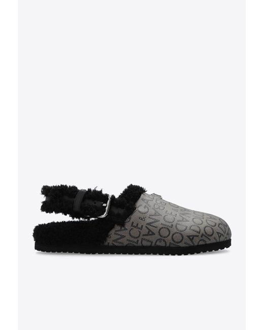 Dolce & Gabbana Black Logo-jacquard Fur-lined Slippers for men