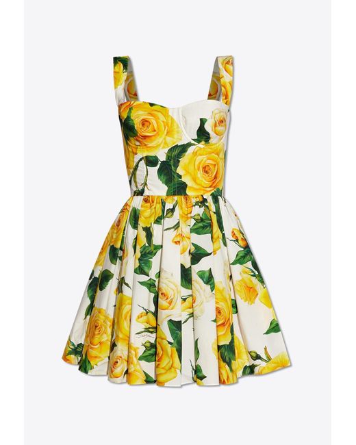 Dolce & Gabbana Yellow Rose Print Sleeveless Mini Dress
