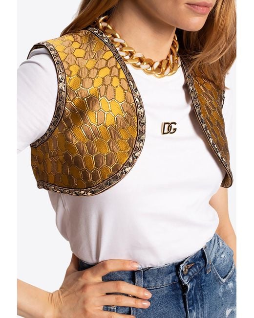 Dolce & Gabbana White Beehive Jacquard Open Cropped Vest
