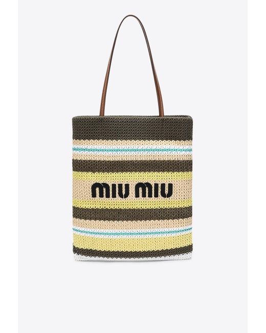 Miu Miu Natural Logo Knitted Raffia Tote Bag