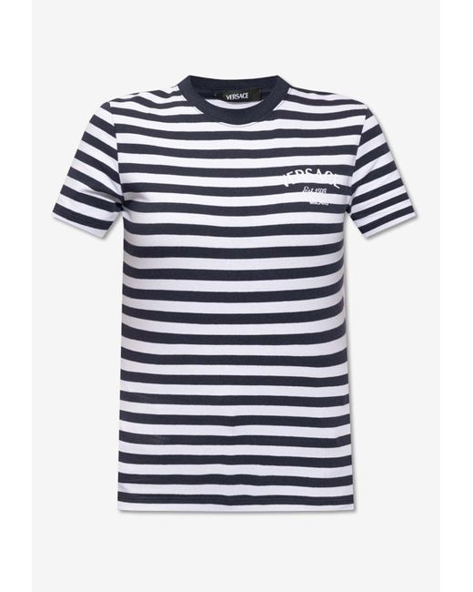 Versace Blue Logo Embroidered Striped T-Shirt