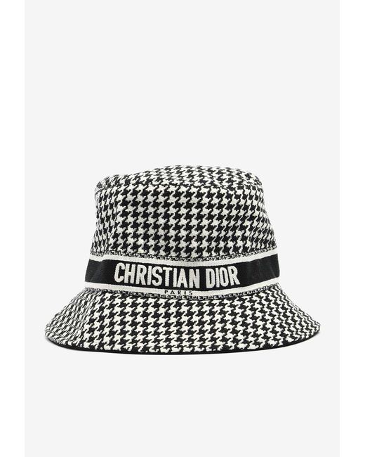 Dior White Houndstooth Logo Bucket Hat