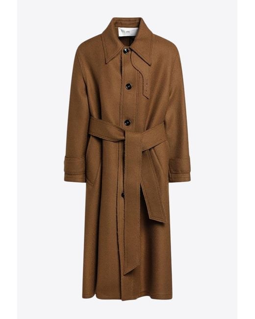 AMI Brown Wool Single-Breasted Coat for men