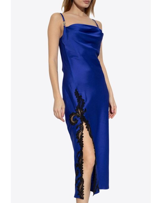 Versace Blue Barocco Lace Embellished Satin Midi Dress